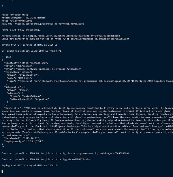 The image displays a technical screenshot of a job scraping process using GPT to extract JSON-LD data.