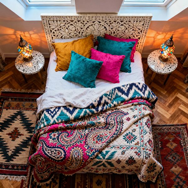 Top-down view of a bedroom with an ornate white carved headboard and a bed layered in patterned textiles: jewel-toned velvet cushions in teal, mustard, and fuchsia, white bedding topped with teal-and-navy ikat and a paisley quilt. Round terrazzo nightstands hold stained-glass Moroccan lamps casting warm light onto terracotta-and-indigo kilim rugs and honey-toned herringbone wood flooring beneath a skylight.
