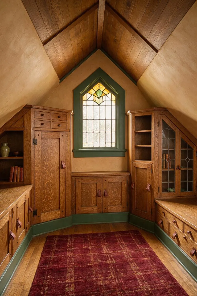 A narrow Craftsman-style closet with sloped wood-paneled ceilings, built-in oak cabinetry, and a central arched stained-glass window. Green trim frames the window and baseboards, while a red patterned rug adds color to the warm wood interior.