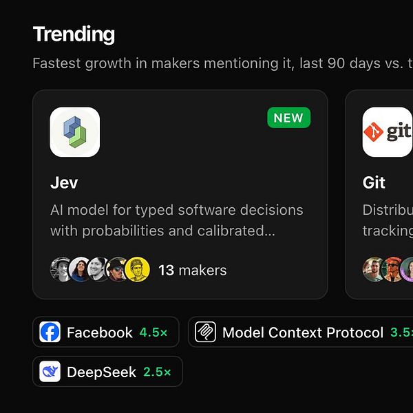 A trending tools section highlighting 'Jev' as a new AI model gaining traction among makers, with growth multipliers for related tools listed.