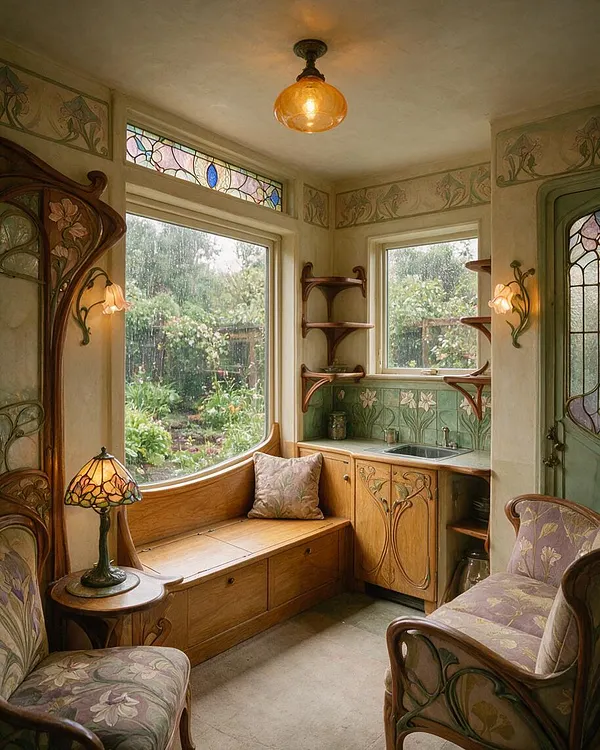 A compact studio apartment corner in Art Nouveau style with curved wooden built-ins, floral stained glass transoms, and cream walls decorated with botanical friezes. A window seat, patterned upholstered chairs, a green-tiled backsplash, and amber glass lighting create a warm, handcrafted atmosphere.