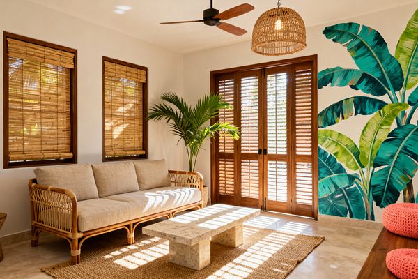 A bright tropical living room features a rattan sofa with beige linen cushions facing a rectangular travertine coffee table on a jute rug. Bamboo blinds and wooden louvered doors filter sunlight, casting striped shadows across light stone floors. A woven rattan pendant and a ceiling fan with wood blades hang above. A potted palm stands near the doors, and a banana leaf wall mural adds bold greens, with coral knit cushions on a wooden bench at right.