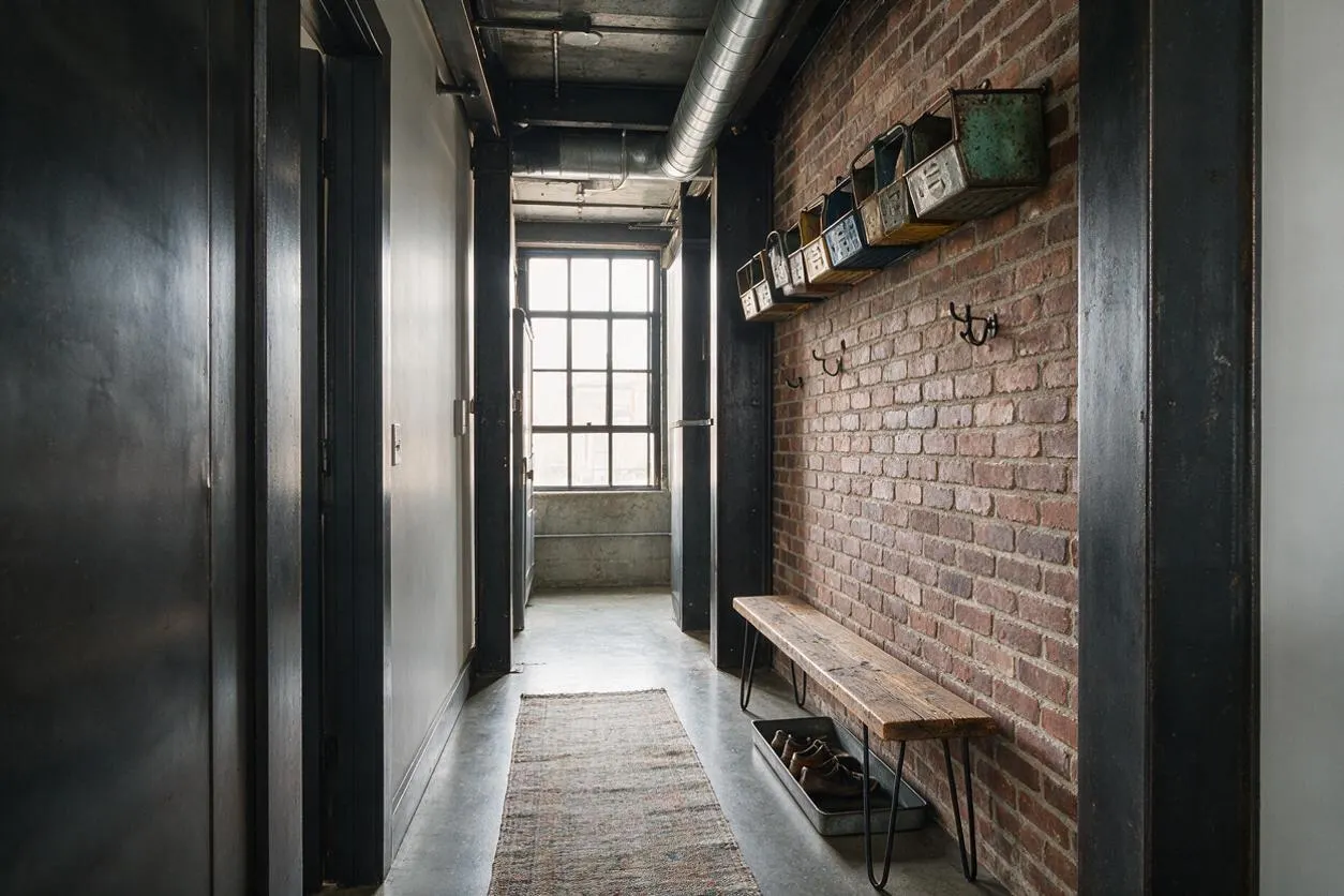 A narrow industrial-style entryway with exposed red brick on one wall, black-painted trim and doors, and a long rustic wooden bench with metal legs. Small mounted storage bins and hooks line the brick wall, while a runner rug leads toward a bright window at the end of the hall.