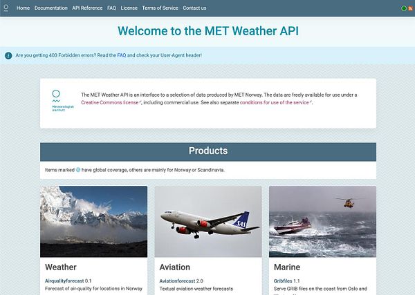 Screenshot of a Meteorologisk Institutt API query response in JSON format requesting weather data for Oslo, Norway.