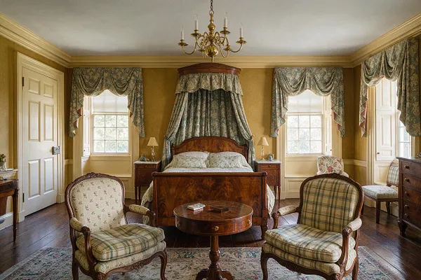 A traditional master bedroom with a carved wood canopy bed centered between two windows, dressed in patterned drapes and matching bedding. The room includes upholstered armchairs, a small round wood table, a brass chandelier, dark wood floors, and warm gold walls with classic trim.