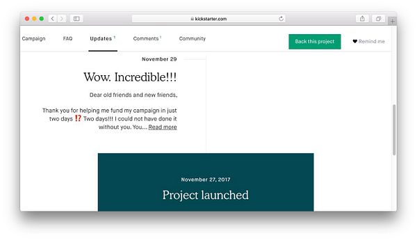 The image shows a Kickstarter campaign update with a message of gratitude for the successful funding in two days.