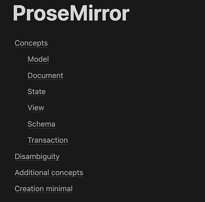 A list of concepts related to ProseMirror documentation.