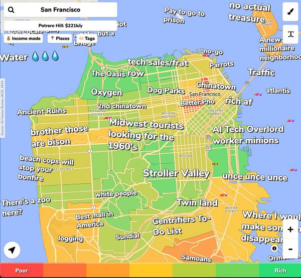 Map interface displaying neighborhoods with a bottom bar color legend for income or crime modes.