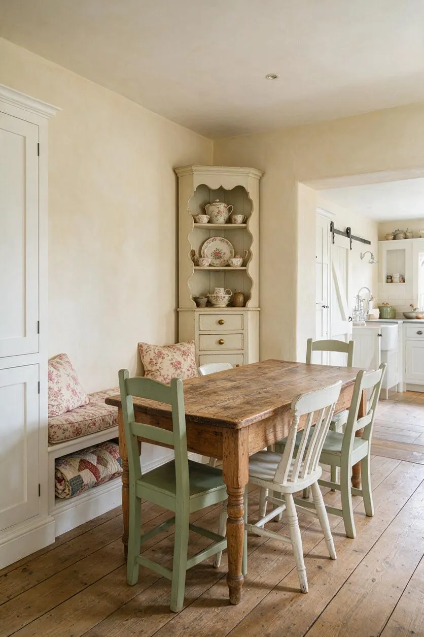 A cozy cottagecore dining room with a rustic wooden table surrounded by mismatched painted chairs in soft green and white. Built-in seating with floral cushions lines the wall, and a cream hutch displays delicate floral china. Light plaster walls and worn wood floors create a warm, lived-in farmhouse feel.