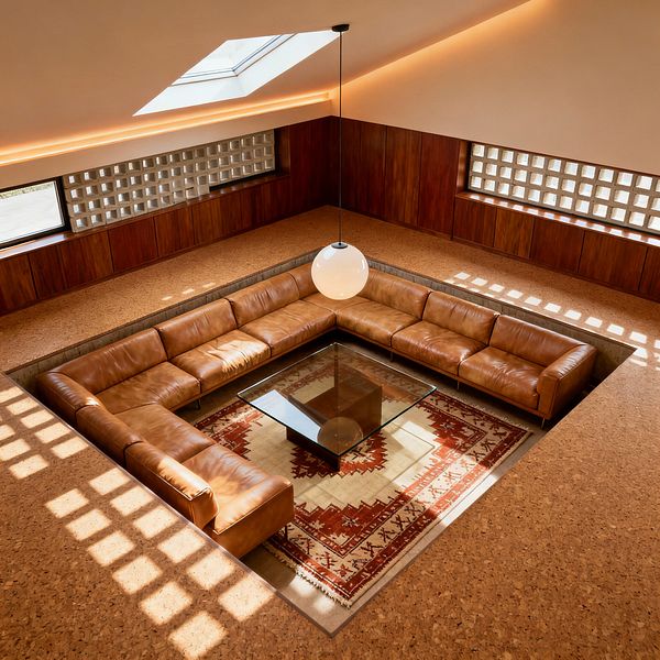 Overhead view of a mid-century modern living room with a sunken conversation pit holding a large cognac leather sectional around a square glass coffee table set on a terracotta-and-cream geometric rug. The surrounding floor is cork, walls are walnut paneling, and glass-block clerestory windows cast a grid of light; above, a skylight, cove lighting, and a white globe pendant create a warm, even glow.
