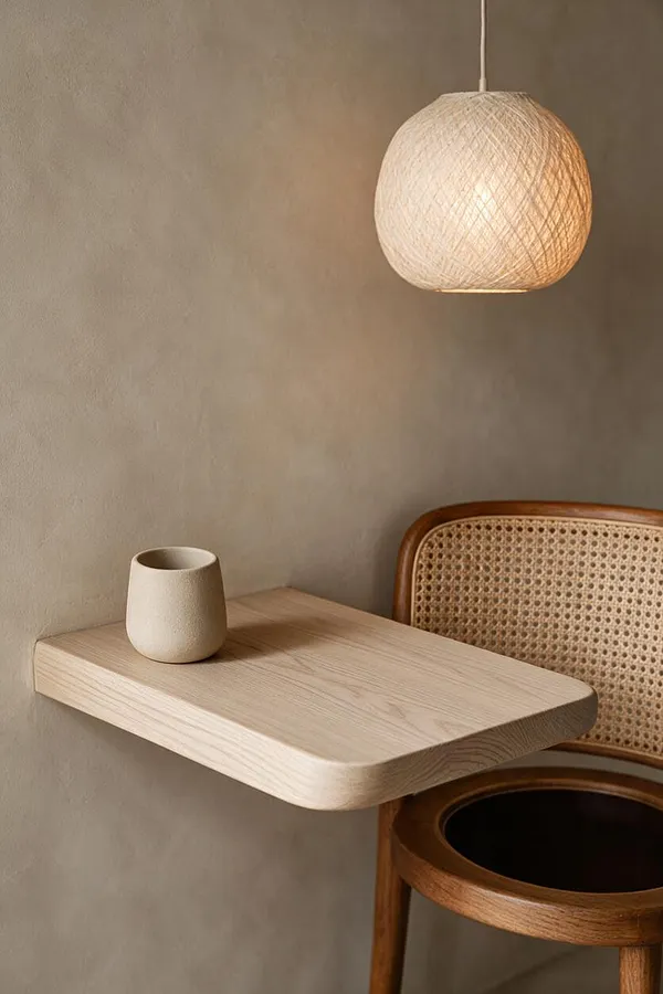 A serene Organic Modern vignette features a floating light oak shelf against a soft taupe plaster wall, with a small textured ceramic cup on top. A rattan-back wooden chair sits beside it, and a woven pendant lamp glows warmly overhead.