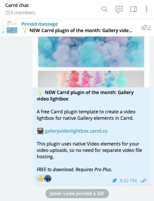 Screenshot of a Telegram chat message sharing the launch of the Carrd gallery video lightbox plugin with a link and hashtag.