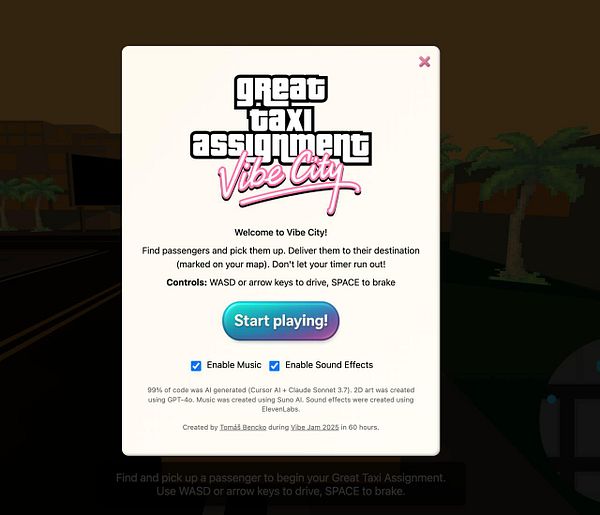 The image displays a game interface for 'Great Taxi Assignment: Vibe City'.