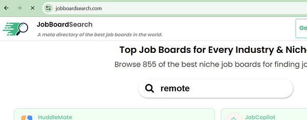 A web page from jobboardsearch.com featuring a search bar with the term 'remote' and a heading promoting top job boards for every industry and niche.