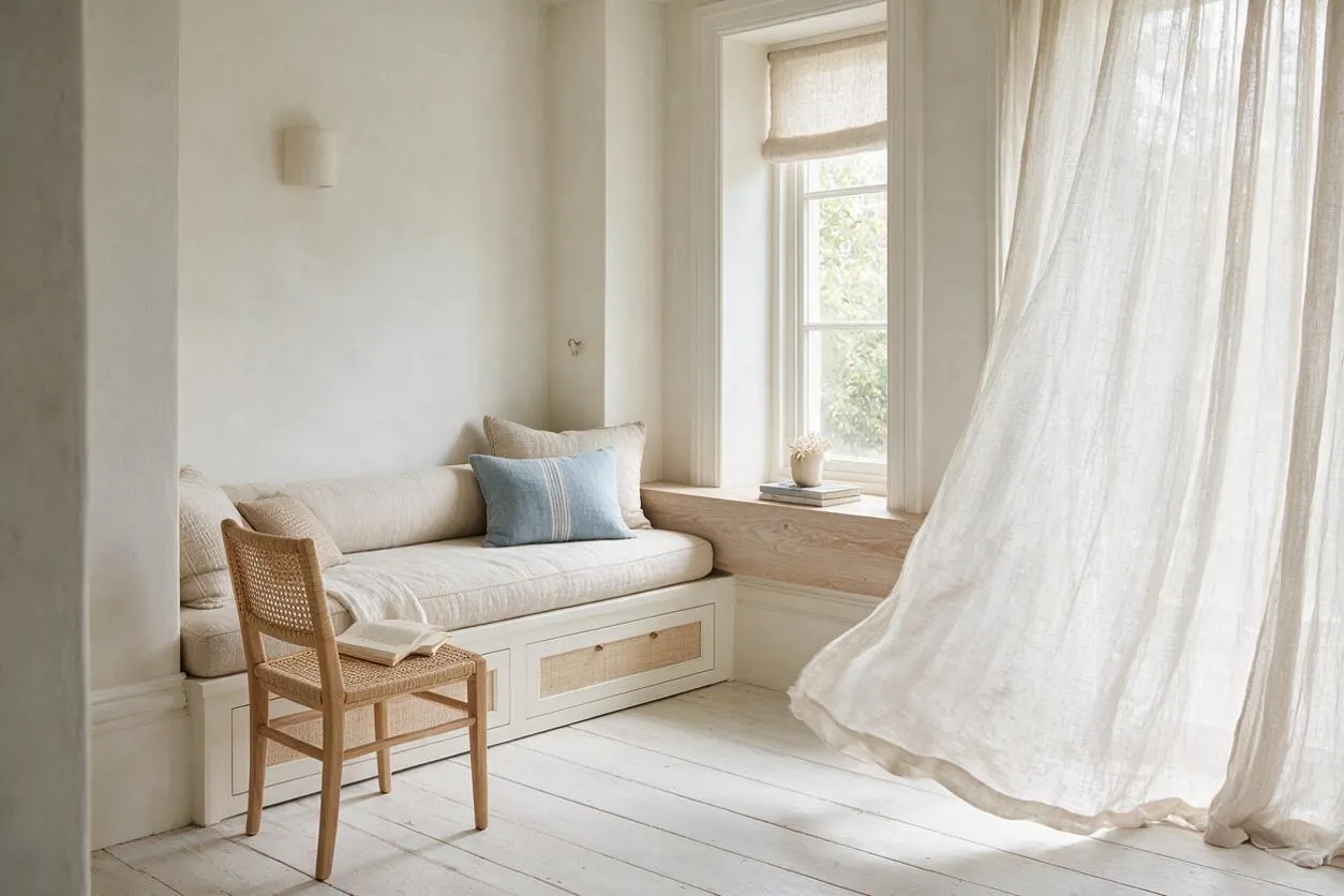 A bright coastal-style nook with a built-in window seat in cream upholstery, woven storage drawers, a light wood ledge, and a cane chair in the foreground. Sheer white curtains filter sunlight beside a tall window, creating a soft, airy atmosphere with pale painted floors and a blue accent pillow.