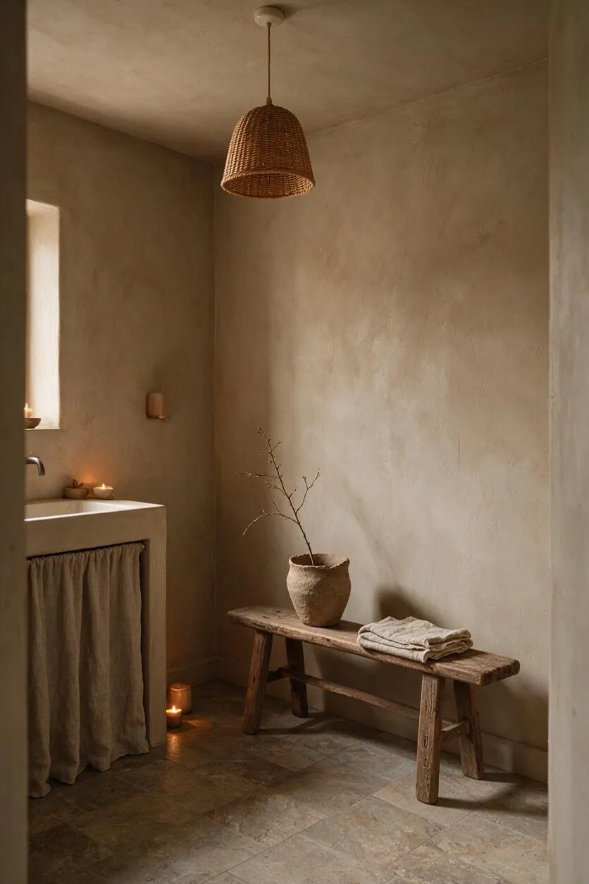 A serene master bathroom in Wabi-Sabi style with plaster walls, a woven pendant light, and a rustic wooden bench topped with a handmade pottery vase and folded linens. A compact sink with a linen curtain, stone tile flooring, and soft candlelight create a warm, minimalist atmosphere.