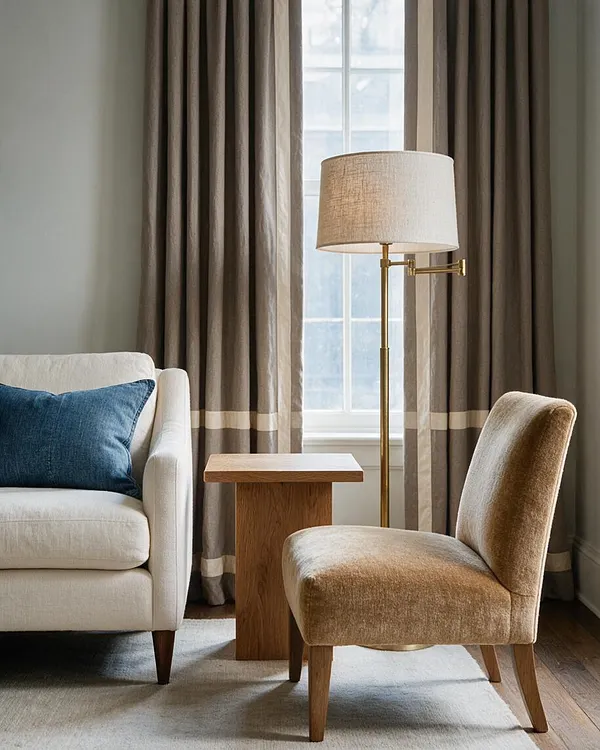 A Transitional living room vignette with a cream sofa, deep blue accent pillow, tan upholstered chair, and a simple wood side table beside a brass floor lamp. Taupe drapery frames a bright window, and the space feels calm and refined on a light area rug.