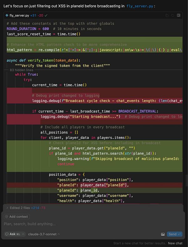 The image displays a code snippet from a Python file focused on filtering out XSS vulnerabilities related to 'planeId' in a server application.