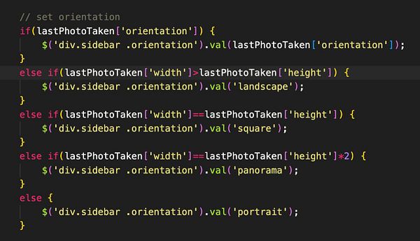 The image displays a code snippet for setting gallery orientation based on photo dimensions.