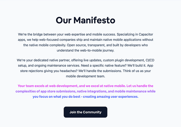 The image presents a manifesto detailing the services offered by a web and mobile development team.