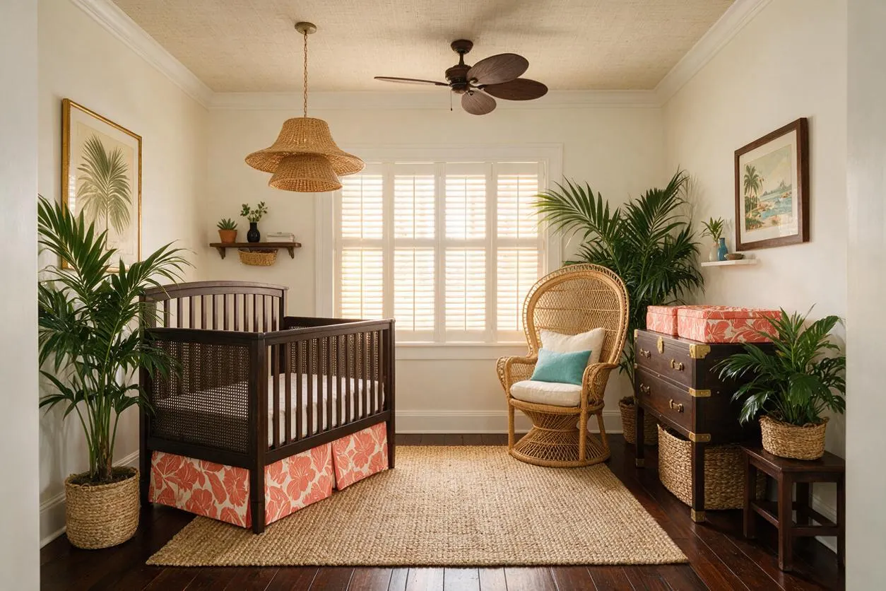 A tropical-style nursery with dark wood crib, woven rattan chair, jute rug, and lush potted palms arranged around a bright window with white shutters. Coral floral accents, wicker pendant lighting, and natural textures create a calm, airy, resort-like feel.