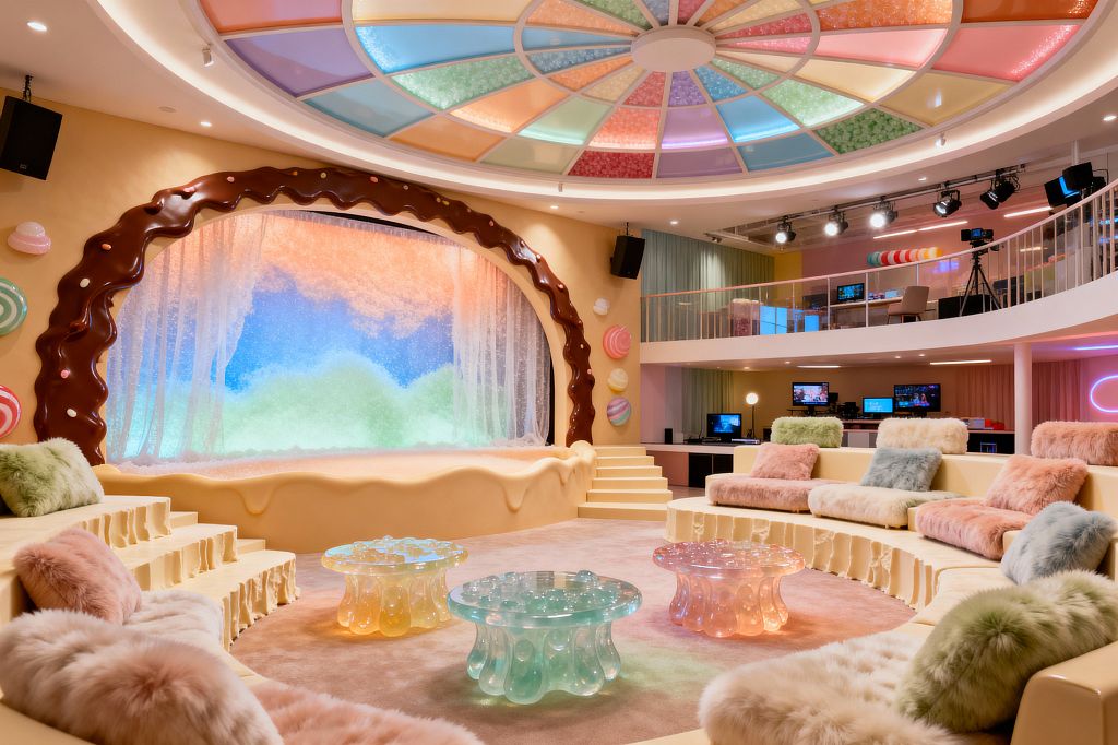 Whimsical media lounge with amphitheater seating in creamy tiers surrounds a sunken conversation pit furnished with pastel faux-fur pillows and plush carpet, while translucent resin tables shaped like jelly candies sit under a domed ceiling of pastel acrylic panels. At the front, a stage framed by a glossy chocolate-drip arch and a cotton-candy gradient backdrop anchors the room, with track lights, neon accents, and a mezzanine of computers and cameras signaling its media-ready function.