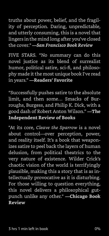 The image displays a page of book reviews for 'Cleave the Sparrow,' highlighting various critical opinions.