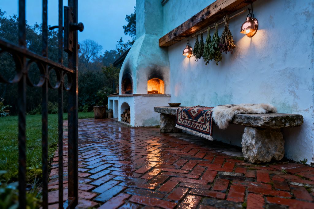 An open iron gate reveals a rain-soaked herringbone brick patio beside a limewashed stucco wall with a glowing wood-fired oven and arched fireplace. A reclaimed timber shelf holds copper dome sconces and a rod of hanging herbs, while a rough limestone bench topped with a patterned kilim and sheepskin sits nearby, reflecting warm light against the wet bricks as trees and lawn frame the dusk scene.