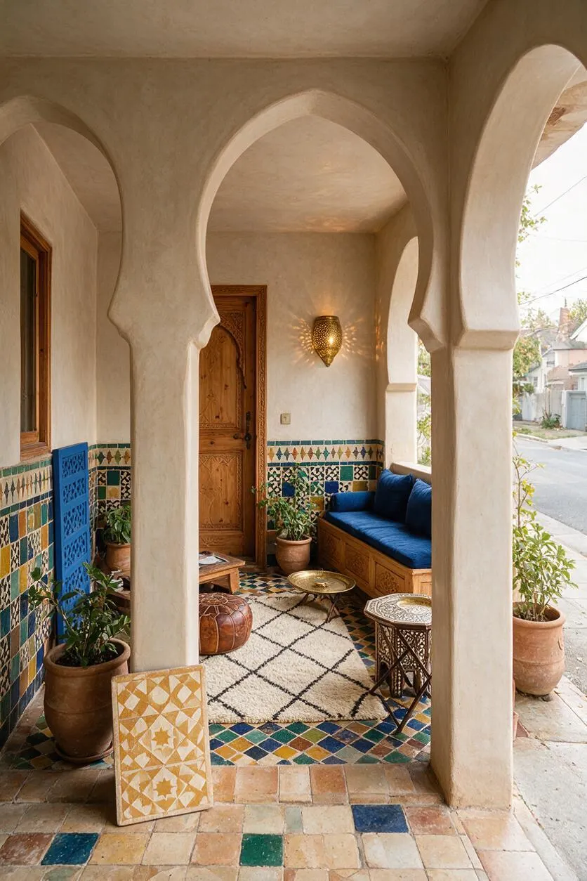 A Moroccan-style front porch with cream stucco arches, colorful mosaic tile wainscoting, and a carved wooden door. A deep blue cushioned bench, terracotta potted plants, patterned poufs, and brass accent tables create a layered, welcoming seating area.
