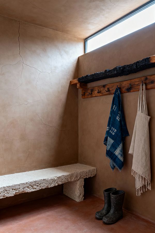A compact mudroom features warm clay-plastered walls with visible hairline cracks and a narrow clerestory window that washes light over a rough stone bench. A reclaimed wood peg rail with black steel hooks supports a charred timber shelf, while an indigo shibori cloth and a natural linen apron hang above a terracotta-toned floor beside a pair of black rubber boots.