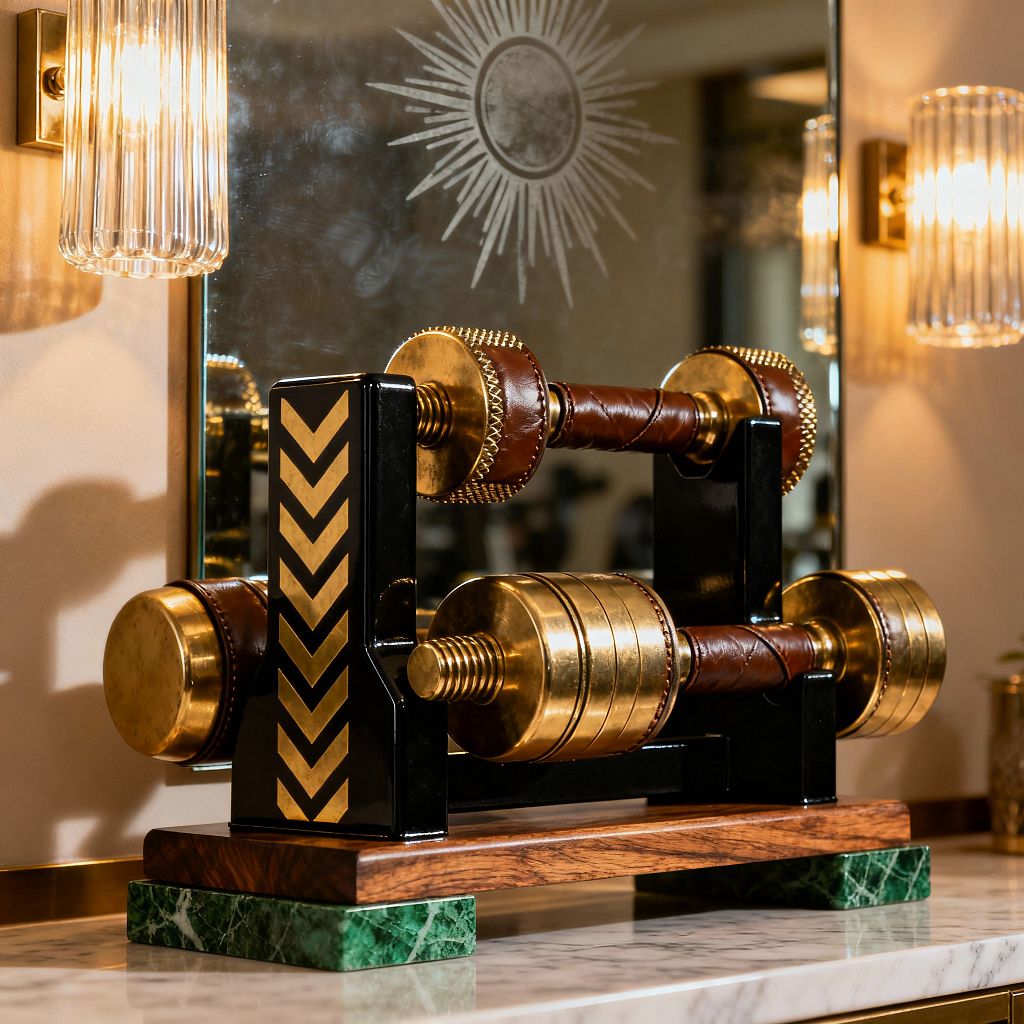 Close-up of a luxe home gym display featuring two gold-toned dumbbells with brown leather grips on a glossy black stand accented by brass chevrons. The set rests on a wood base with green marble blocks atop a white marble countertop, backed by a mirror etched with a sunburst and flanked by ribbed glass sconces with warm brass mounts.