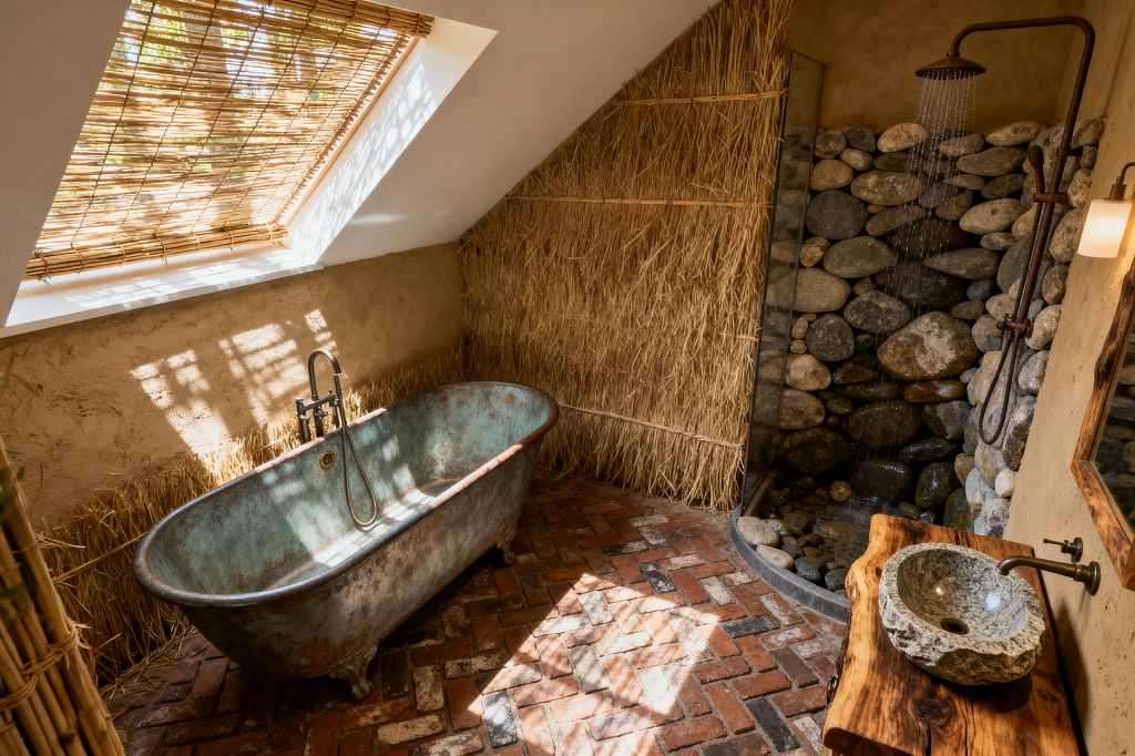 A rustic attic bathroom with a sloped ceiling and skylight filtered by a bamboo blind casts dappled light over a verdigris metal freestanding tub on a herringbone brick floor. At right, a river-stone shower with exposed patinated pipe and rainfall head sits beside a live-edge wood vanity with a rough stone vessel sink, while clay-textured walls and a straw-clad partition emphasize natural materials and earthy tones.