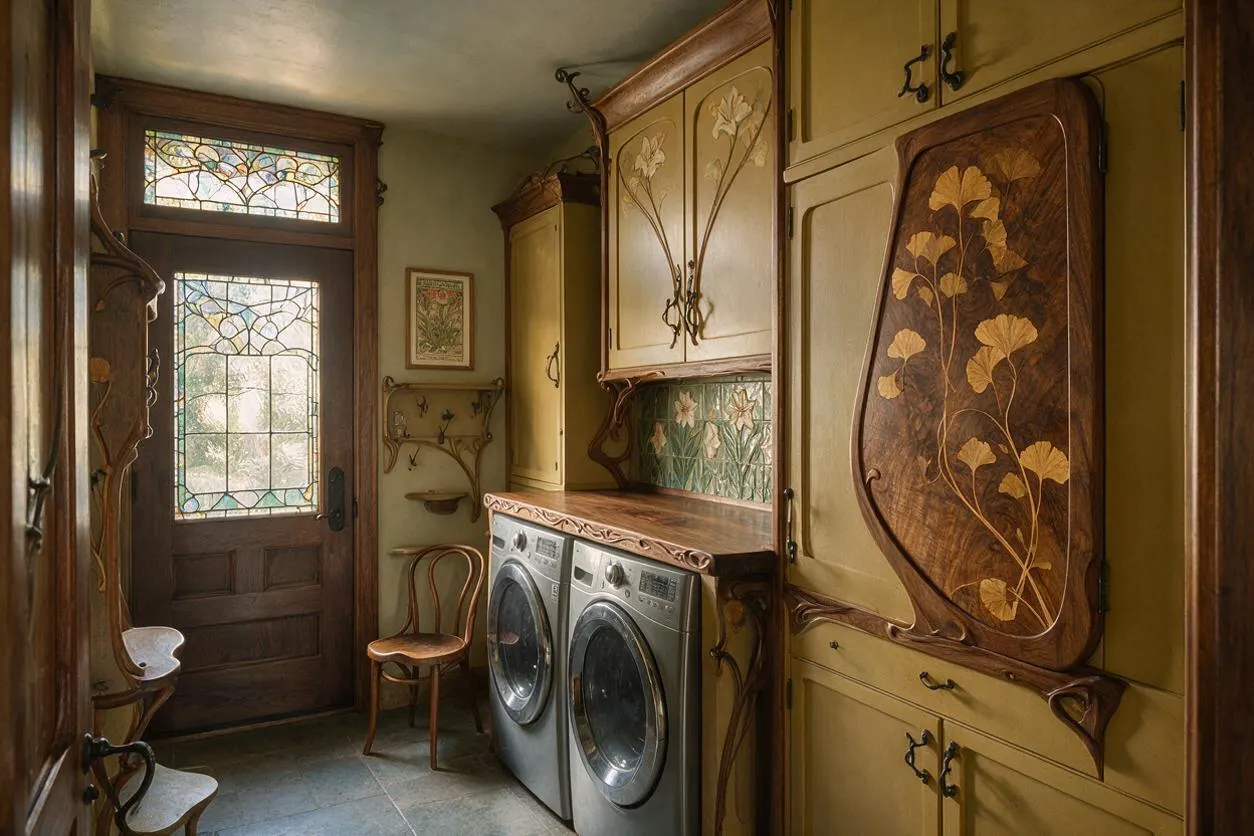 A narrow laundry room with two front-loading washers set beneath carved wood cabinetry and a patterned tile backsplash. The space features a stained glass door and transom window, curved Art Nouveau woodwork, a small wooden chair, and warm olive and honey tones.