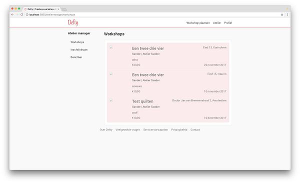 The image displays a web interface for managing workshops in a system called Defty.