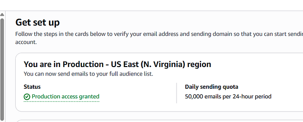 Screenshot of an email account verification page for Amazon SES with active status and domain verification instructions.