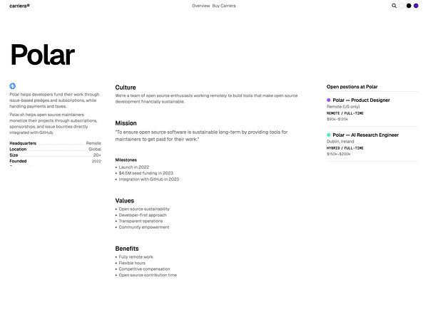 The image displays a webpage for Polar, detailing the company's mission, culture, values, and open job positions.