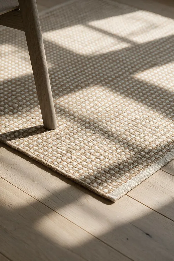 A close-up of a small beige woven rug with a subtle dotted pattern lying on light oak floorboards. The tapered wooden leg of a chair or table enters from the upper left, and soft window light casts geometric shadows across the rug and floor.