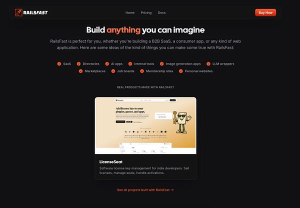 Landing page design mockup featuring a header, navigation menu, featured projects section with LicenseSeat app, and a testimonials section.