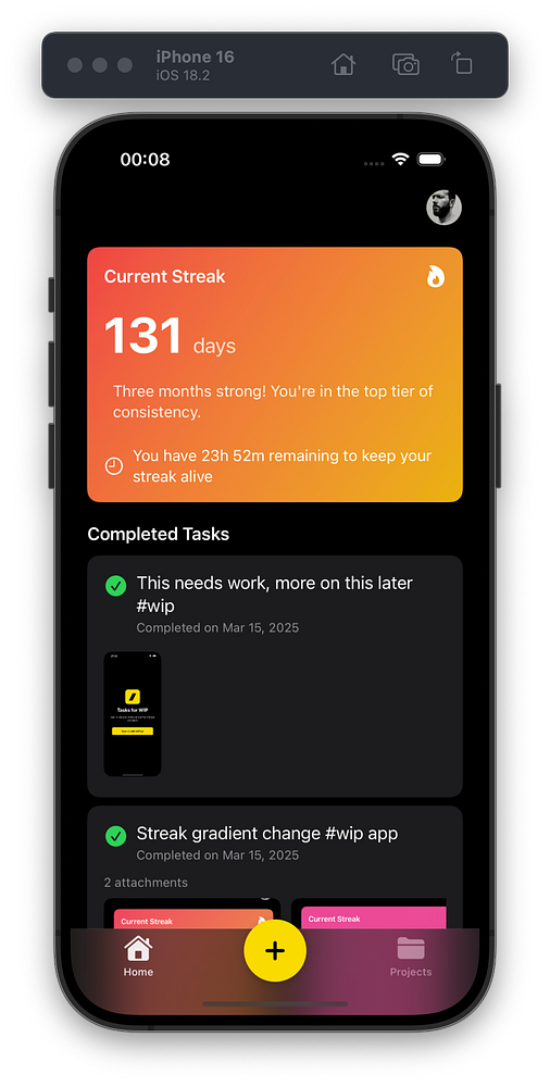The image displays a mobile app interface showing a user's current streak and completed tasks.