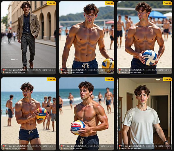 The image features a series of six auto-generated photos of a male model in various settings and outfits.