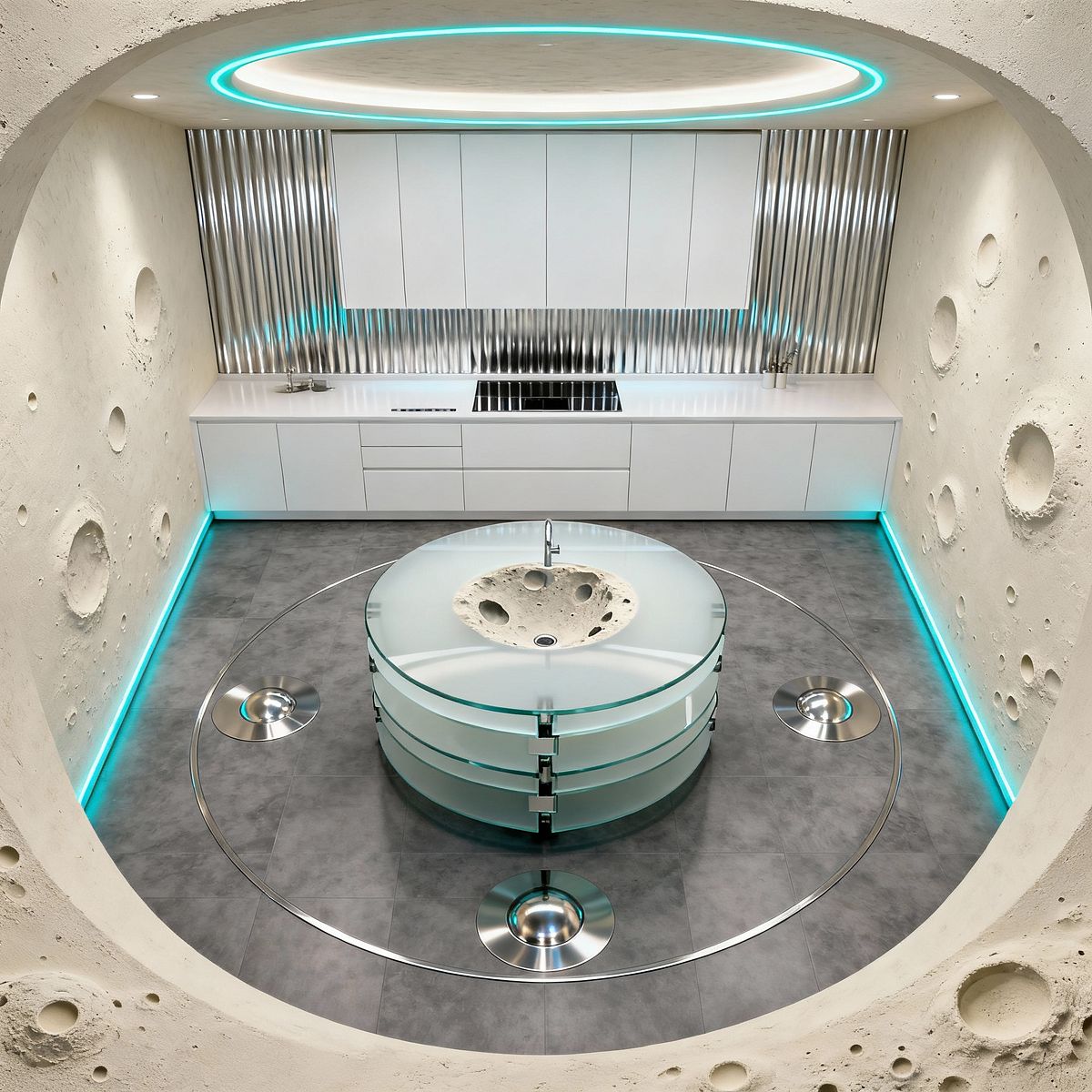Room AI – Lunar Laundry with Frosted-Glass Sorting Island - Interior