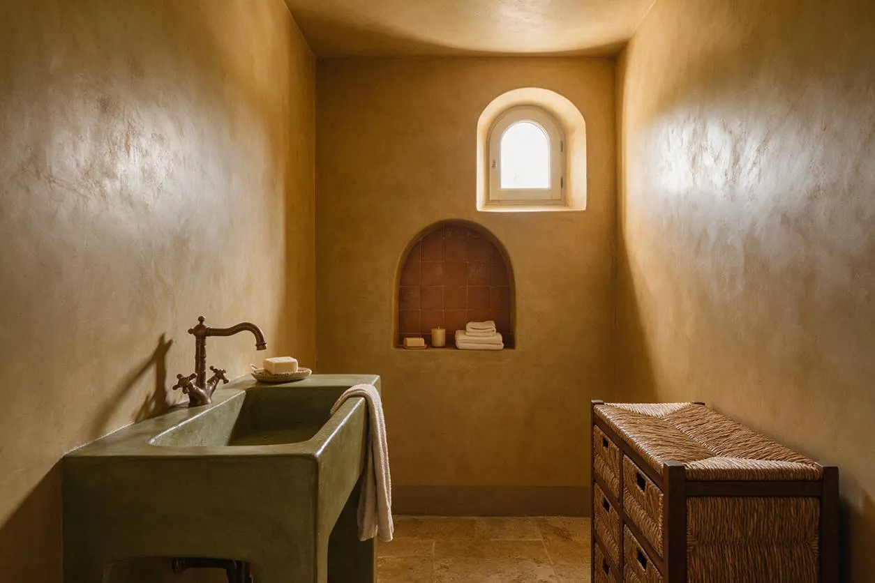 A narrow Mediterranean-style powder room with warm plaster walls, a curved ceiling, and a small arched window bringing in soft daylight. A green stone sink with an aged metal faucet sits on the left, while a woven basket storage bench and a recessed arched niche with folded towels and candles add rustic texture.