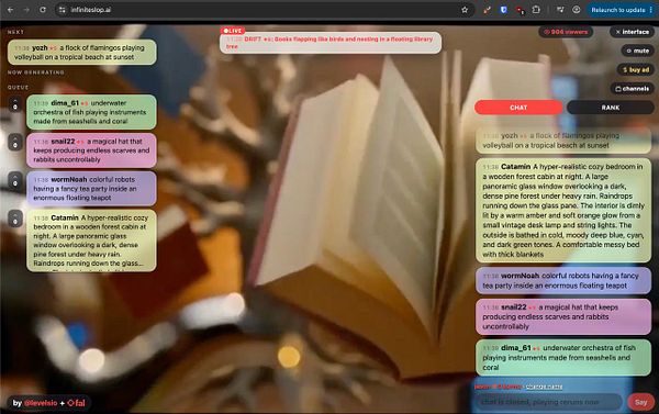 A screenshot of a chat interface on infiniteslop.ai with creative prompts and a blurred open book background.