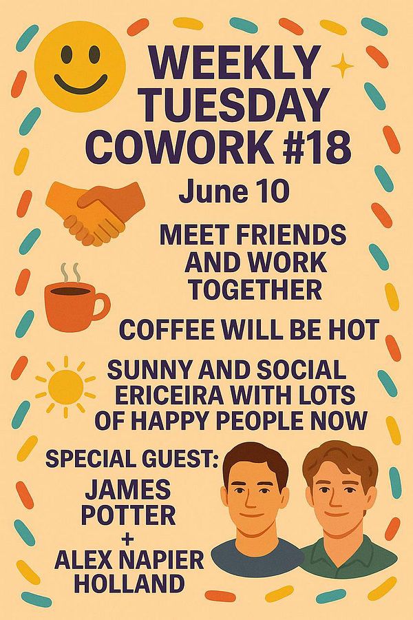 A colorful promotional poster for a coworking event featuring special guests.