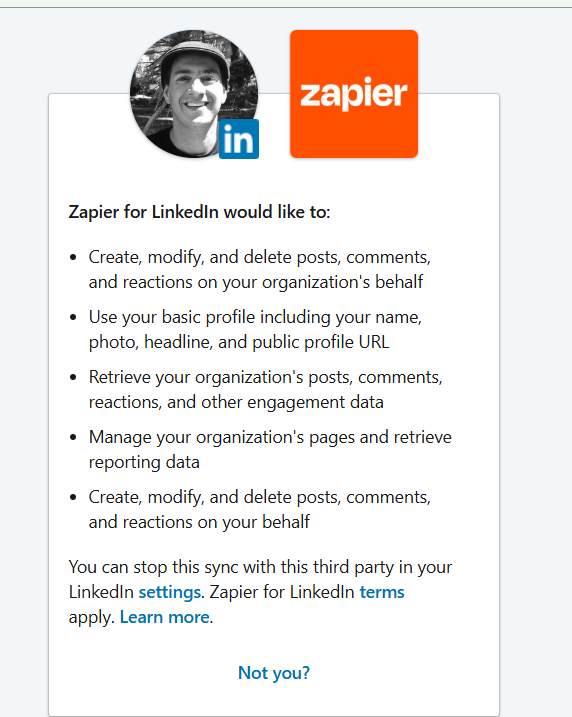 The image displays a prompt from Zapier requesting permissions to access LinkedIn account features.