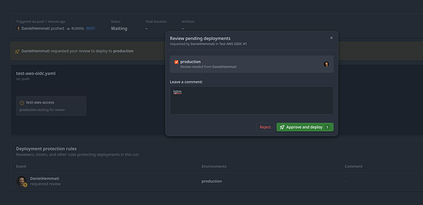 A GitLab deployment review interface showing a self-approval step by the same user for a production deployment triggered by a push to the main branch.