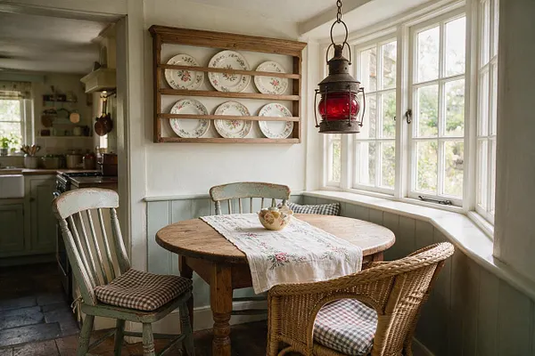 A cottagecore kitchen breakfast nook with a round wooden table, mismatched distressed chairs, and a floral embroidered runner. Open shelves display decorative floral plates, while a red-glass hanging lantern and large bay windows bring in soft natural light.