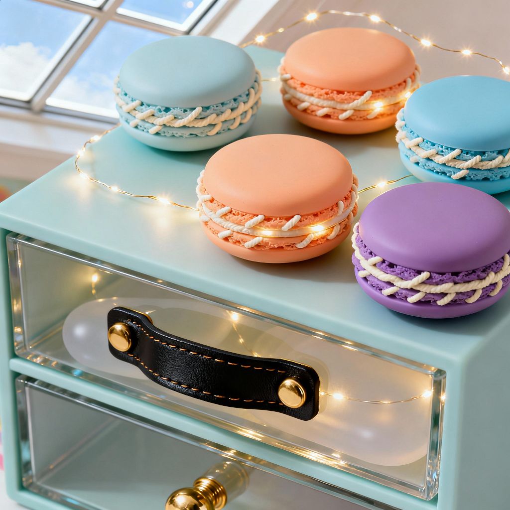 Close-up of a mint-green children’s drawer unit with clear acrylic fronts, one with a black leather strap pull and brass studs and another with a round gold knob, lit inside by warm micro-LED fairy lights. On the top surface sit pastel macaron-shaped decor pieces in peach, lilac, and sky blue, while a window with white muntins adds daylight, creating a playful Candy Land look with glossy mint surfaces, sparkling lights, and sweet toy-like accents.