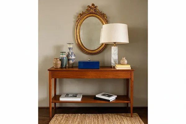 A styled entry console stands against a taupe wall, topped with an ornate gold oval mirror, a marble table lamp with a white shade, and a mix of ceramic vases and small decorative boxes. The warm wood table and natural woven rug add texture, while books on the lower shelf create a layered eclectic look.