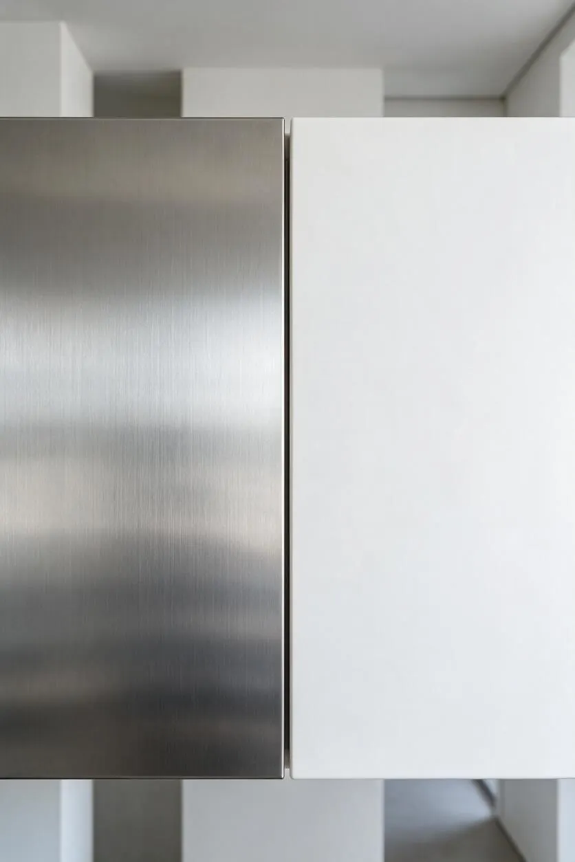 A close-up view of two minimalist cabinet fronts, one in brushed stainless steel with a vertical grain and one in matte white. The clean seam between the panels and the soft neutral background emphasize a sleek, modern kitchen design.